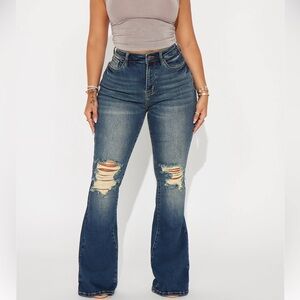 Fashion Nova Dark Blue Distressed Flare Jeans